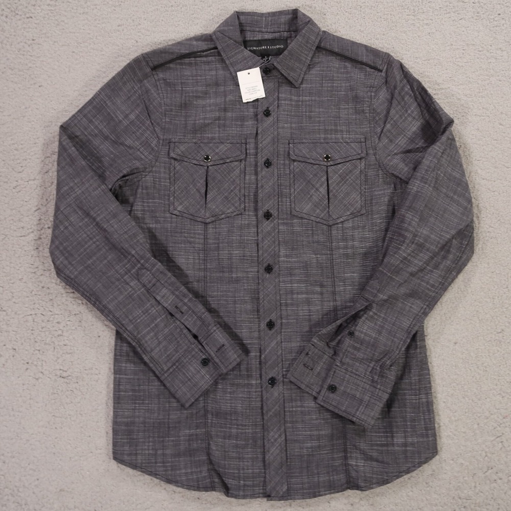 Signature Studio Shirt Mens S Gray Heather Cotton Button Up Pockets Mens NEW
